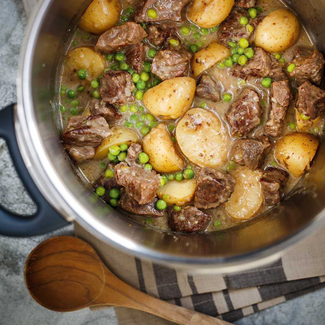 Pressure Cooker Creamy Beef Stew with Peas