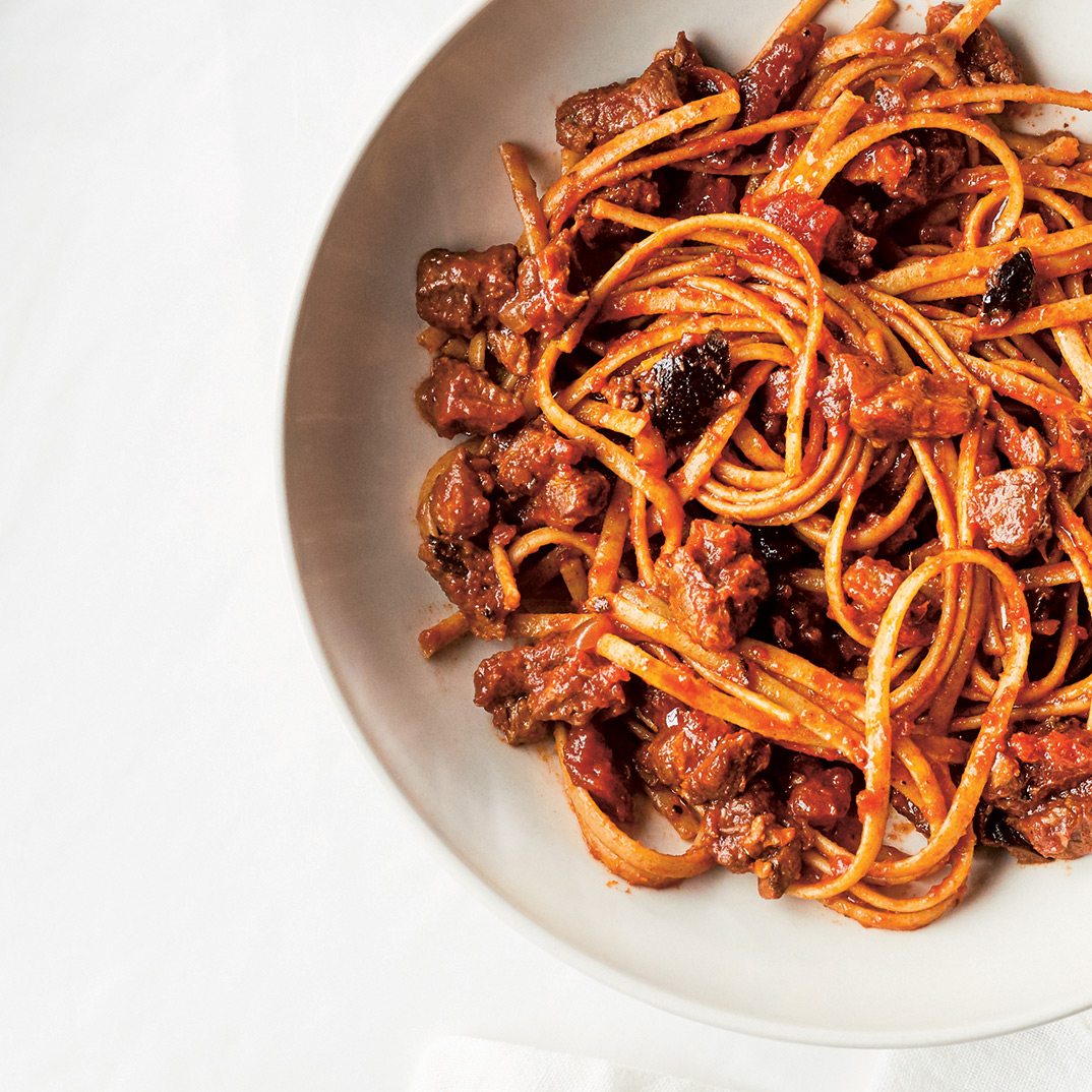 Pressure Cooker Linguini with Stewed Lamb and Olives