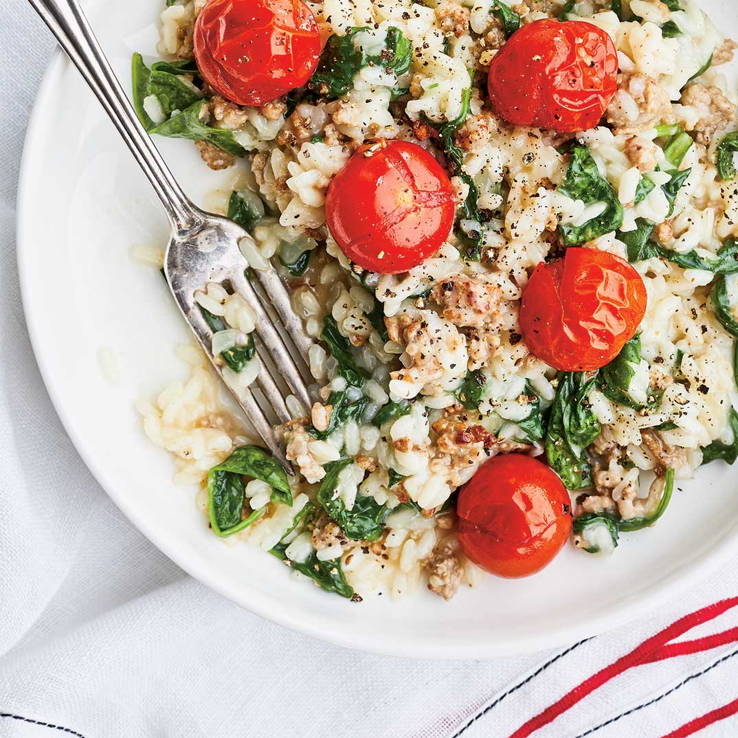 Risotto with Ground Veal, Spinach and Roasted Tomatoes