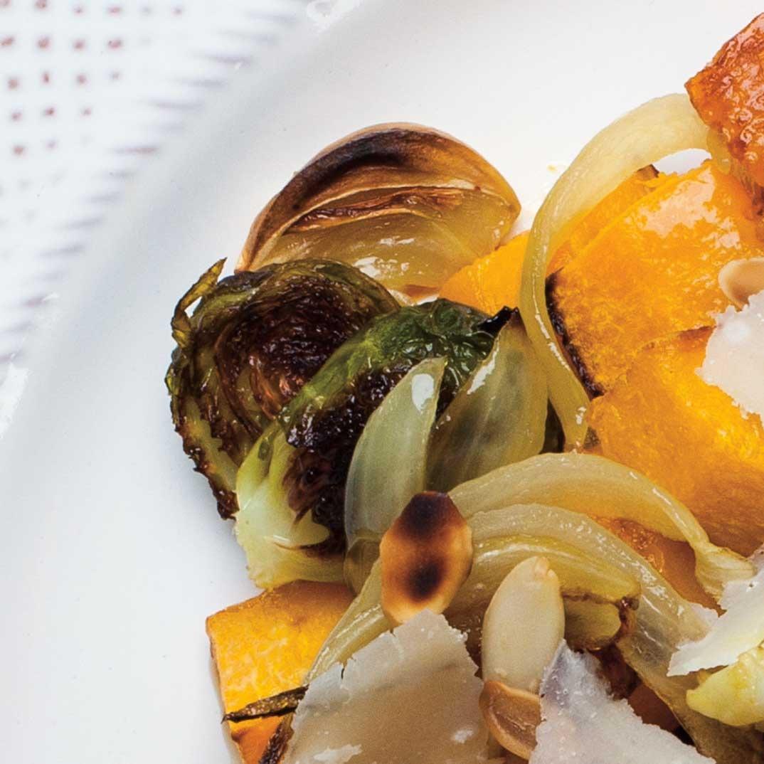 Roasted Squash with Brussels Sprouts with Almonds and Parmesan