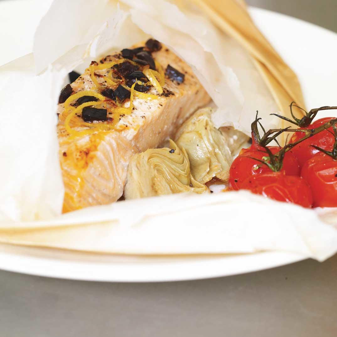 Salmon Papillotes with Artichokes and Black Olives 