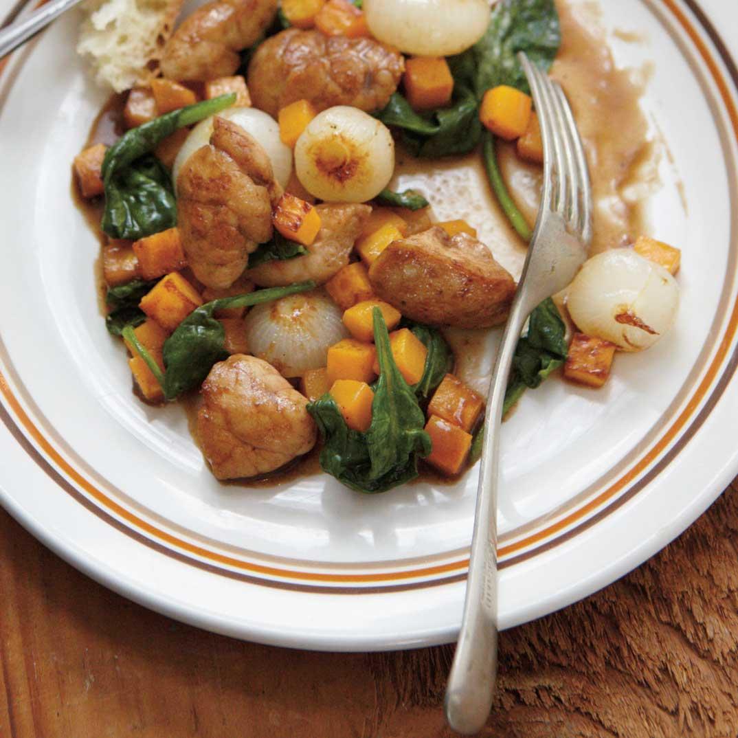 Sautéed Sweetbreads with Cipollini and Squash 