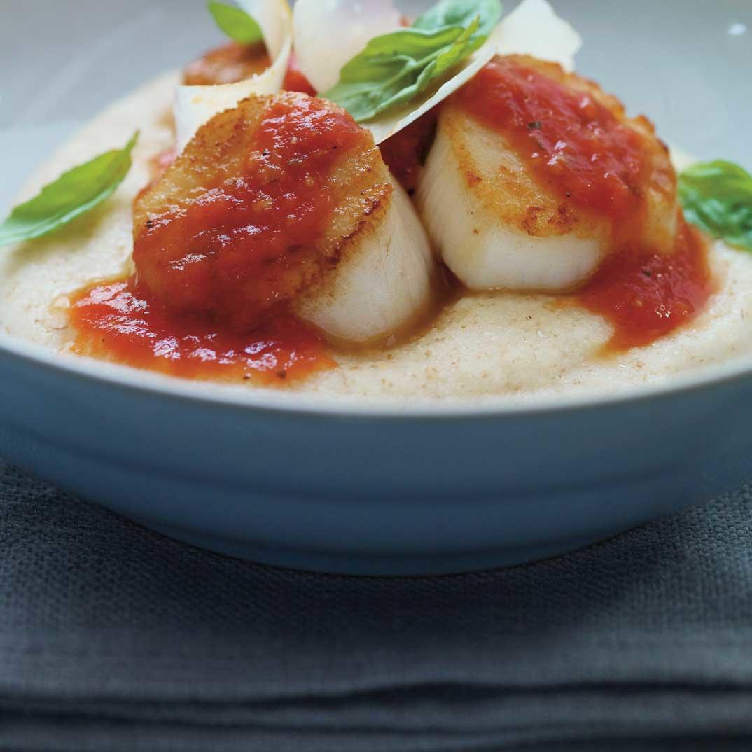 Seared Scallops with Tomato Sauce and Parmesan Cream of Wheat
