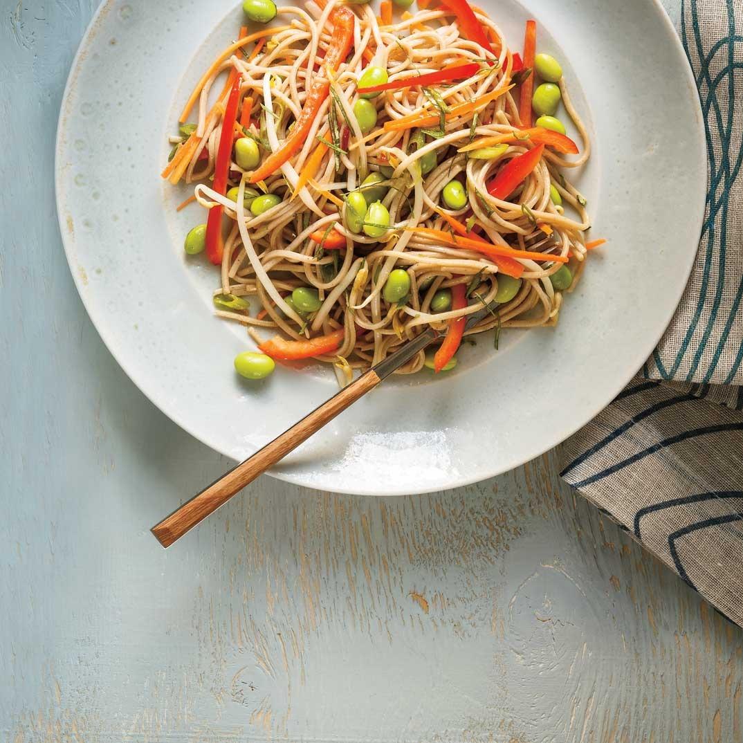 Soba Noodle, Edamame, Red Pepper and Bean Sprout Salad