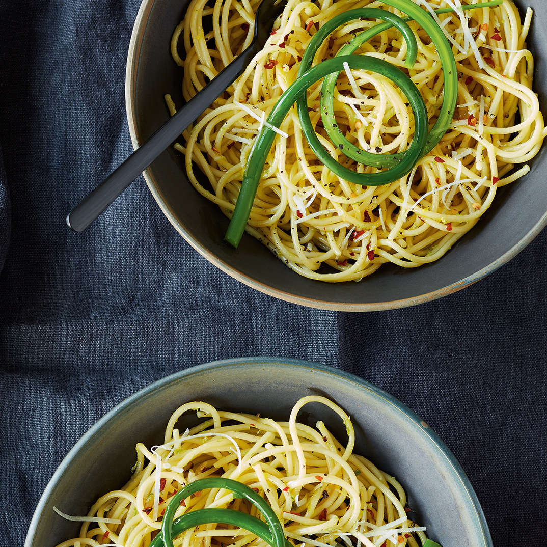 Spaghetti with Garlic Scapes and Olive Oil (<i>Aglio e Olio</i>)