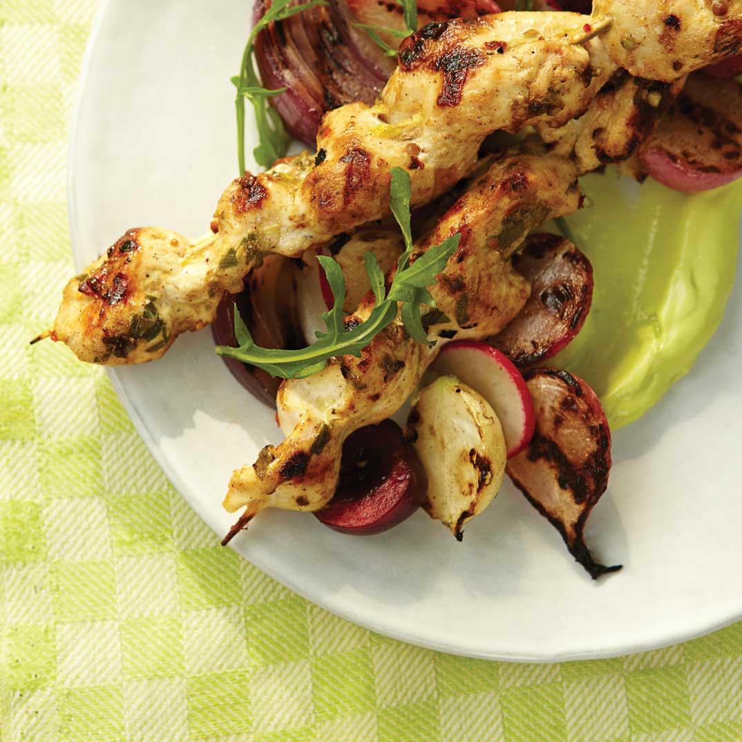Spiced Chicken Skewers on Avocado Purée