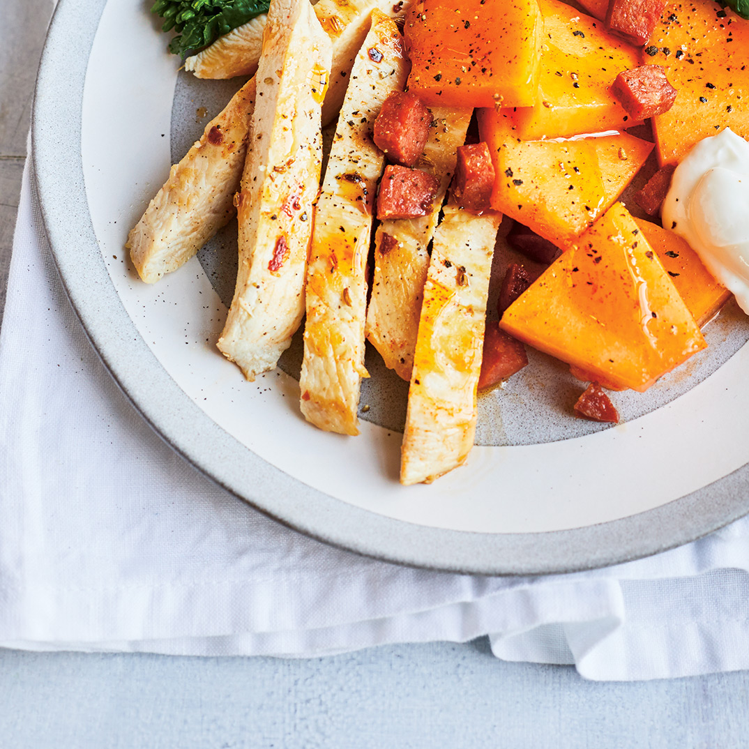 Spicy Chicken with Cantaloupe and Chorizo