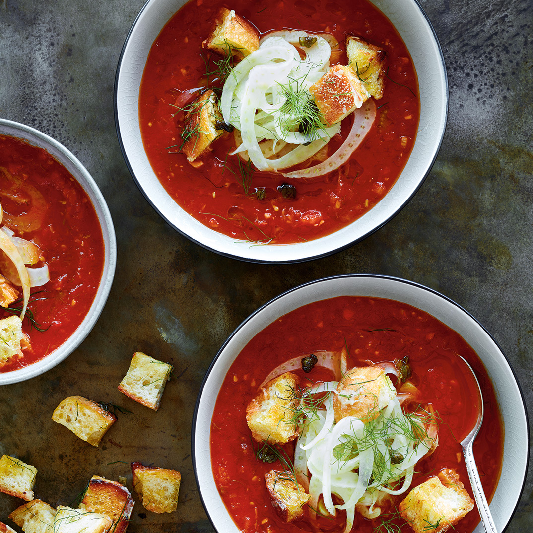 Tomato Soup with Parmesan Croutons and Fennel Salad