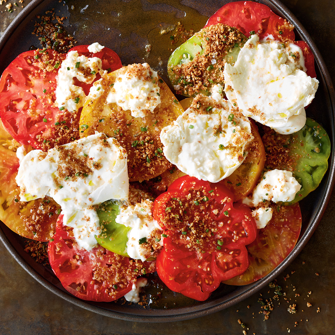 Tomatoes with Burrata and Almond Breadcrumbs
