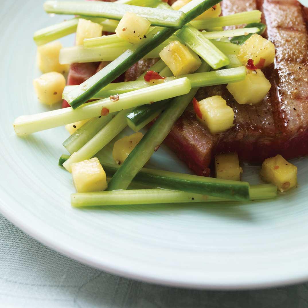 Tuna with Sweet and Sour Pineapple, Cucumber, and Celery