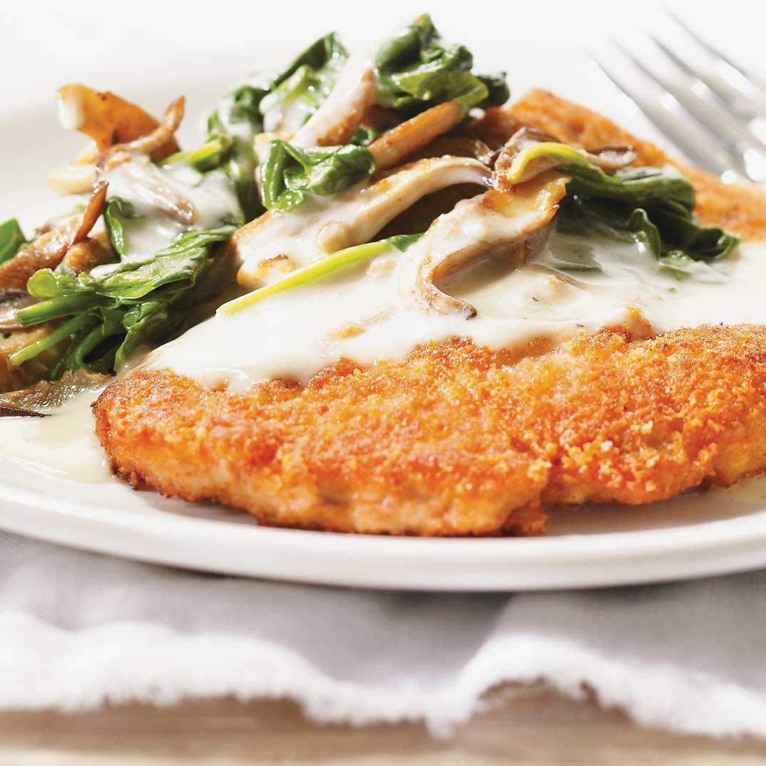 Veal Cutlets with Parmigiano, Creamed Mushrooms and Spinach