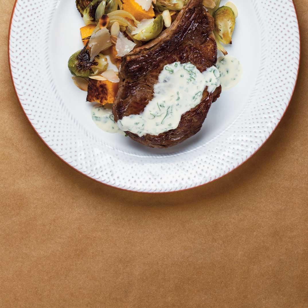 Veal Rib Chop with Parmesan Squash and Garlic Cream