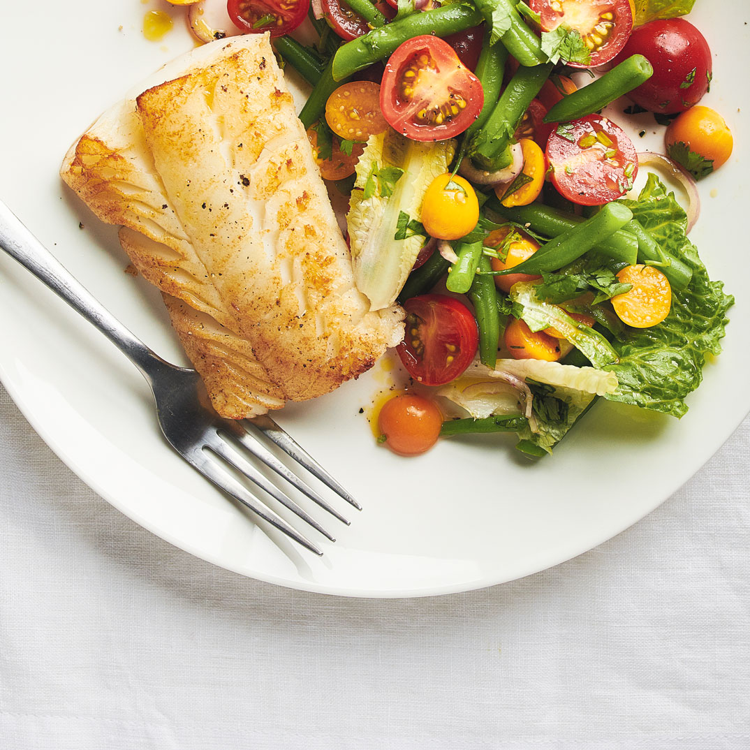 Vegetable and Ground Cherry Salad with Roasted Fish