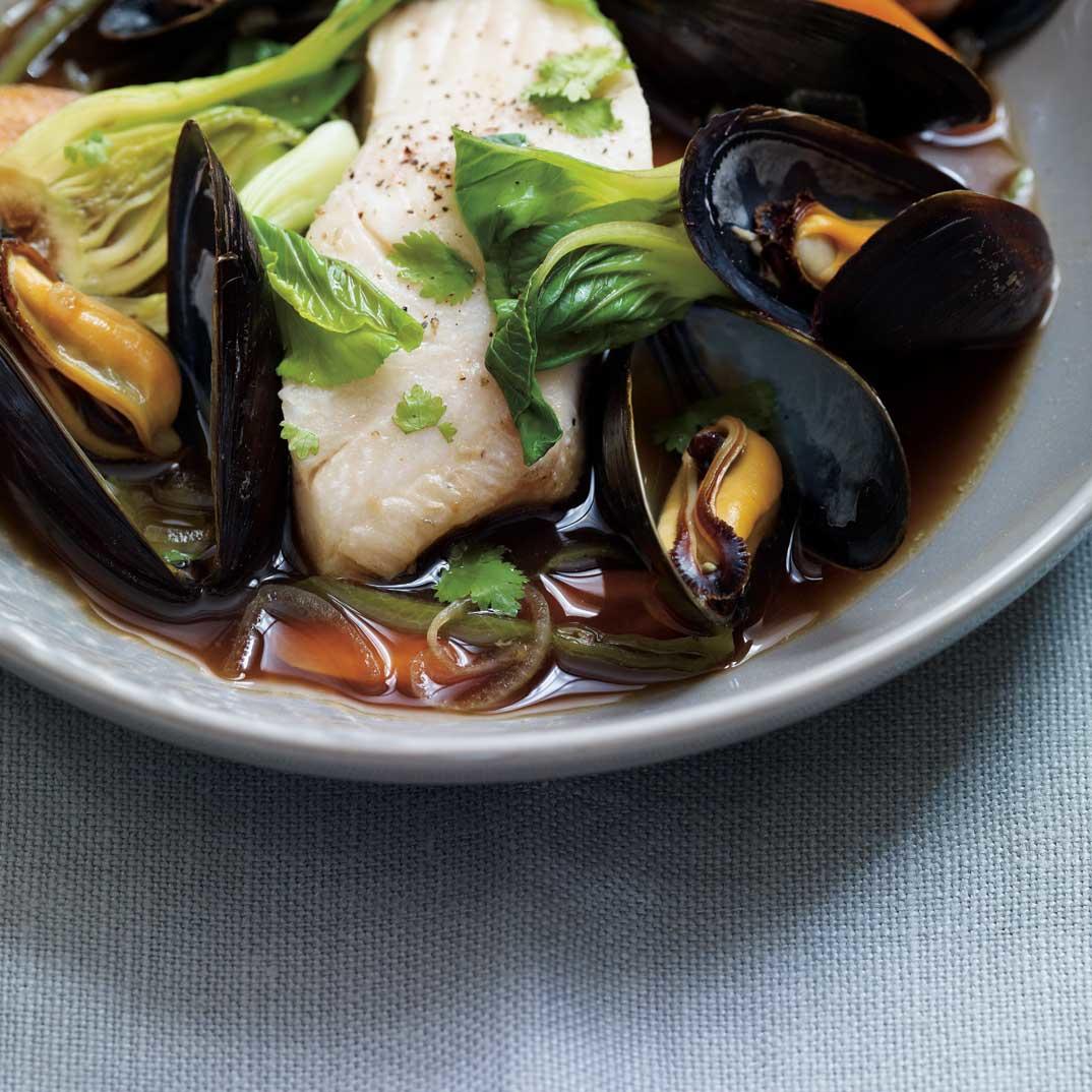 White Fish and Mussels Poached in Asian-Style Broth