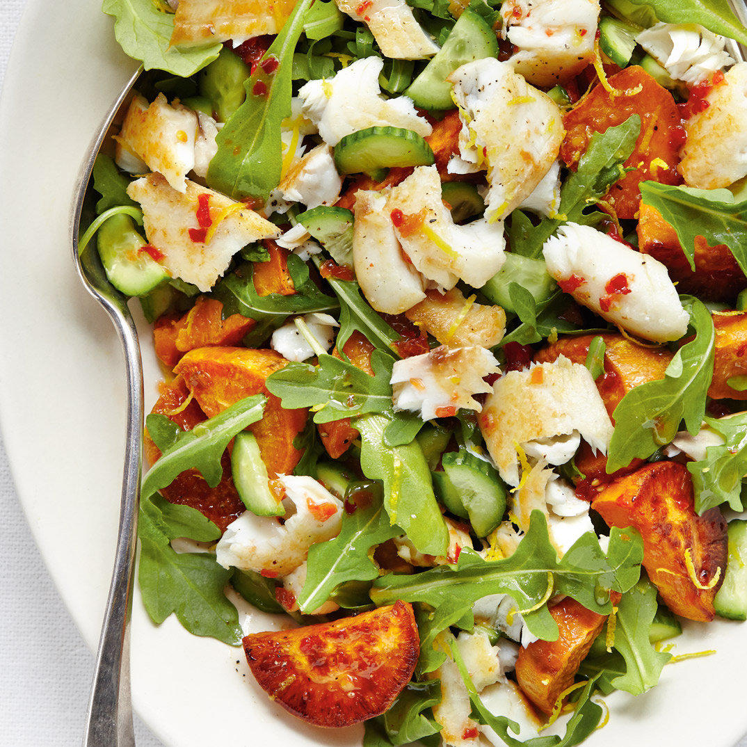 White Fish Salad with Sweet Potatoes and Basil