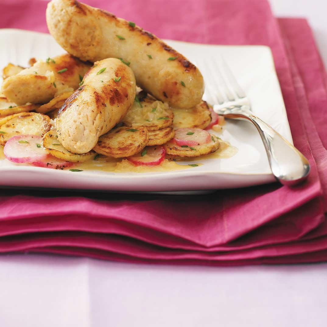White Pudding Sausages with Potatoes and Radishes