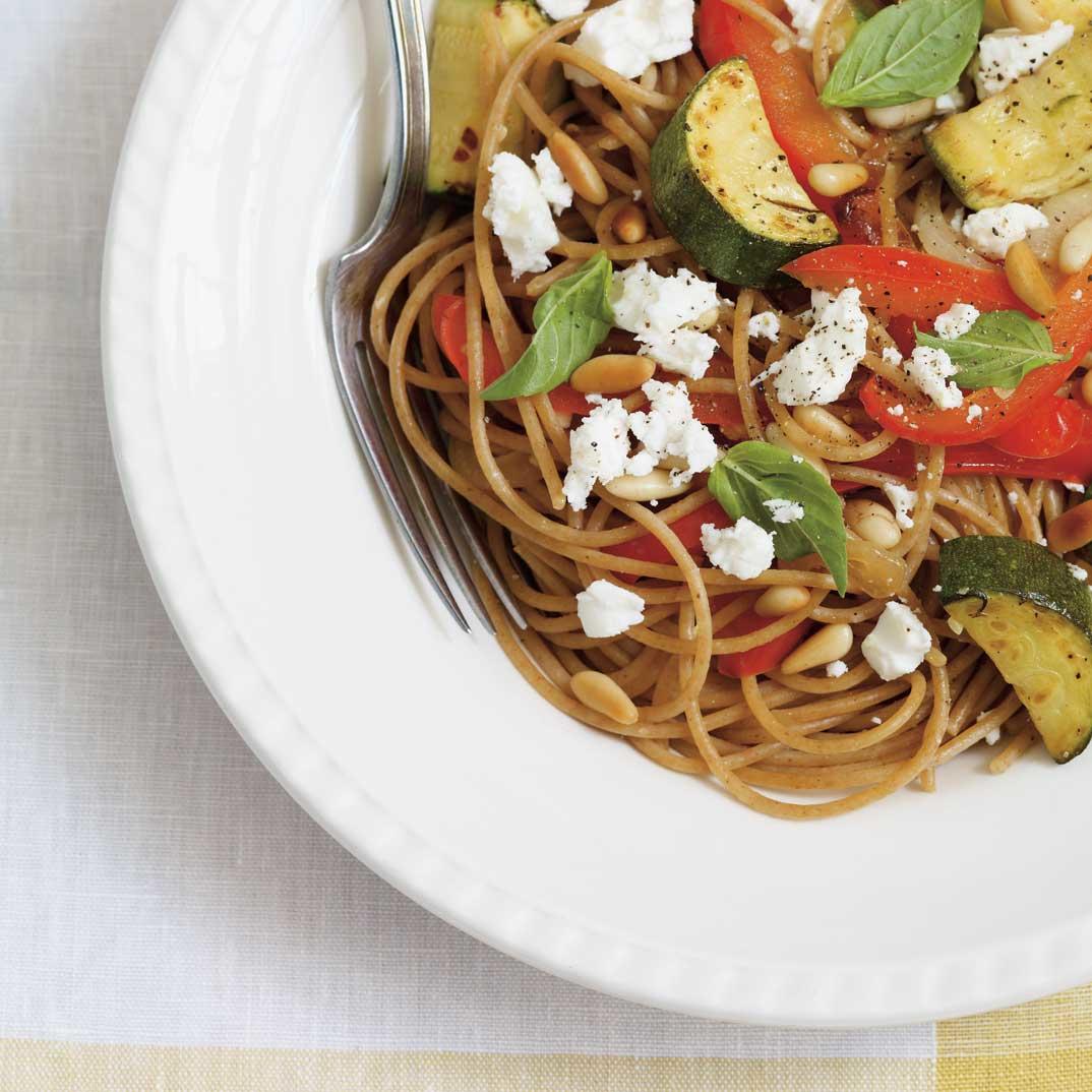 Whole Wheat Spaghetti with Grilled Vegetables and Feta Cheese 